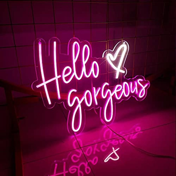 Hello Gorgeous Neon Sign Light Wall Art Gifts,Neon Sign Wall Art,Neon Sign Wall Decorations Bedroom Bar Pub Club Rave Apartment Home Decor Party Christmas Decor Size:60x37cm