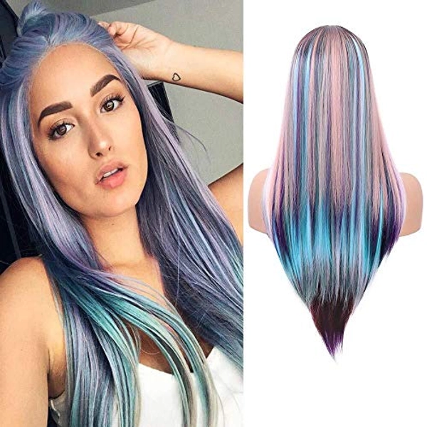 Fani 22 Inch Colorful Straight Wigs for Women Laides Rainbow Multi Color Long Straight Synthetic Wig Natural Hairline Middle Part Cosplay Party Wigs