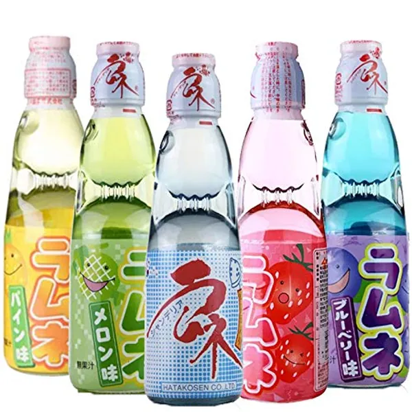 Hatakosen Ramune Soda (Fruity Gift Set) 200ml (5 Bottles) Original, Strawberry, Melon, Blueberry and Pineapple Flavor