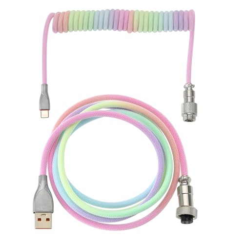 Be In Your Mind Braided Mechanical Keyboard Cable USB A- USB C Cable for Gaming Keyboard, Double-Sleeved Coiled Keyboard Cable with Detachable Metal Aviator, 150cm USB-C to USB-A (Rainbow) - Multicolour