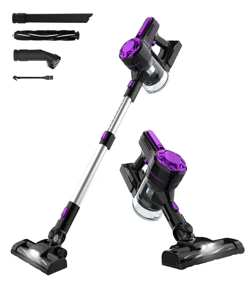 Cordless Vacuum Cleaner, Strong Suction 3 in 1 Powerful Filter Handheld Wireless Vacuum Cleaner with LED Light+Wall Bracket, Lightweight Portable, Purple