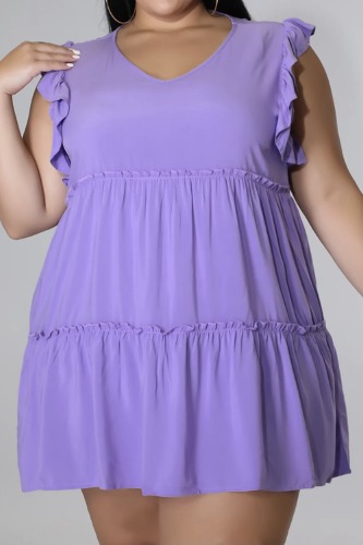 Plus Size V-Neck Frill Trim Mini Dress - Lavender / 5XL