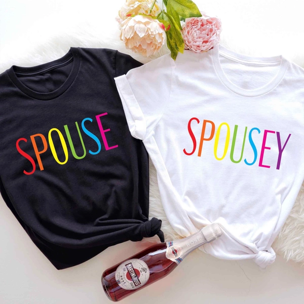 Spouse Or Spousey Rainbow Queer Wedding Shirt, Nonbinary Partner Gift, LGBTQ Couple Just Married Tee, Gay Enby Honeymoon, Queer Bachelorette