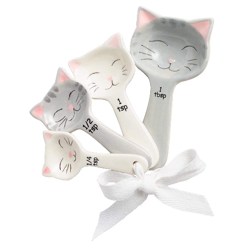 Cat Shaped Ceramic Measuring Spoons - Gift for Any Cat Lover - Cat Ceramic Measuring Spoons Baking Tool - Creative Functional Kitchen Decor - Comes in White and Gray - Set of 4 - 