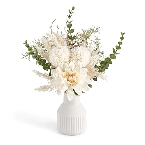 Mkono Artificial Flowers in Ceramic Vase Fake Plants for Home Decor Silk Flower Arrangements Indoor Dining Coffee Table Decor for Living Room Wedding Party Decoration - White