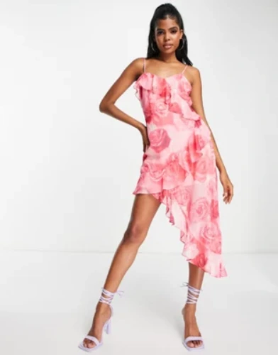 Miss Selfridge chiffon asymmetrical hem mini dress in oversized rose  | ASOS
