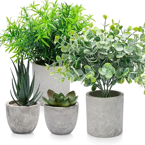 4 Set Artificial Plants Indoors in Pots Plastic Potted, Eucalyptus, Rosemary, Small Fake Succulents Faux Plants for Office Desk Bedroom Kitchen House Decoration - Fake Plants in Pots