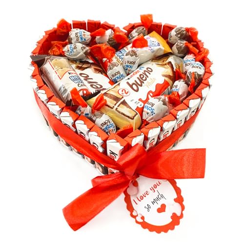 Onza Kinder Bueno Valentines chocolate. Kinder Chocolate sweets gift box with a set of Kinder Bueno, Kinder Chocolate bars, Happy Hippo, Kinder bonbons, kinder cards. Love Heart shaped Chocolates