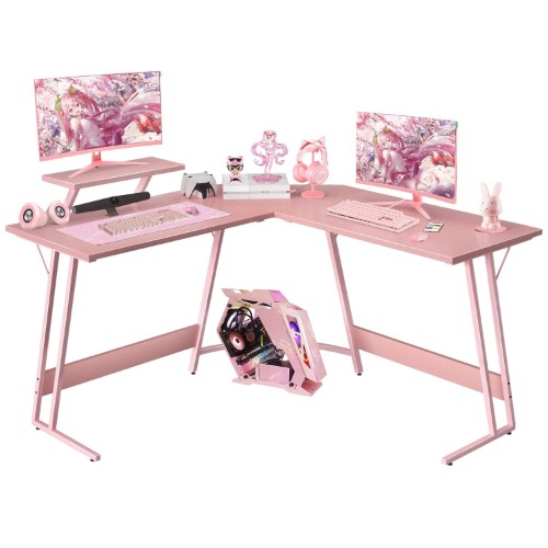 Devoko L Shaped Gaming Desk Corner Gaming Desk 128x128x70cm Corner Computer Desk Computer Gaming Desk Large PC Writing Table with Monitor Stand for Home and Office Carbon Fibre Pink