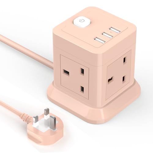 Cube Extension Lead with USB Slots, BEVA 4 Way Multi Plug Power Strip with 3 USB Ports (5V/2.4A), Desktop Power Extension Socket with 1.5M Extension Cords for Home Dorm Office Travel-PINK - Pink