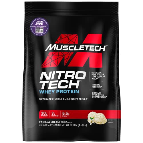 MuscleTech Nitro-Tech Whey Protein Powder Isolate & Peptides Protein + Creatine for Muscle Gain Muscle Builder for Men & Women Sports Nutrition Vanilla, 10 lb (100 Servings) - Vanilla - 10 Pound (Pack of 1)