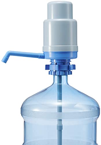 Dolphin Manual Water Pump for 5 Gallon Bottles, Fits 2-6 Gallon Bottles, Blue Manual Hand Pressure Water Dispenser, Secure Fit on Crown Top Jugs, 3 Tube Lengths, Sanitary Cap, BPA-Free - 8081 with Sanitary Cap