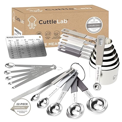 CuttleLab 22-Piece Stainless Steel Measuring Cups and Spoons Set, Tad Dash Pinch Smidgen Drop Mini Measuring Spoons, Measuring Stick Leveler, Measurement Conversion Chart Fridge Magnet, (Charcoal) - Charcoal