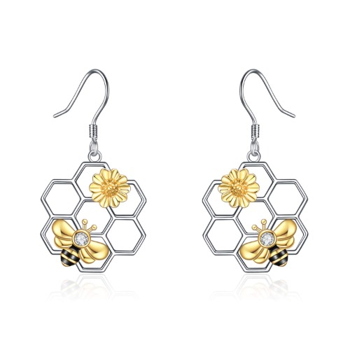 LUHE Honeycomb with Bee Stud Earrings 925 Sterling Silver Beehive and Bee Earrings for Women (bee earrings) - B-Bee earrings