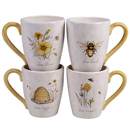 Certified International Bee Sweet 22 oz. Mugs, Set of 4 Assorted Designs
