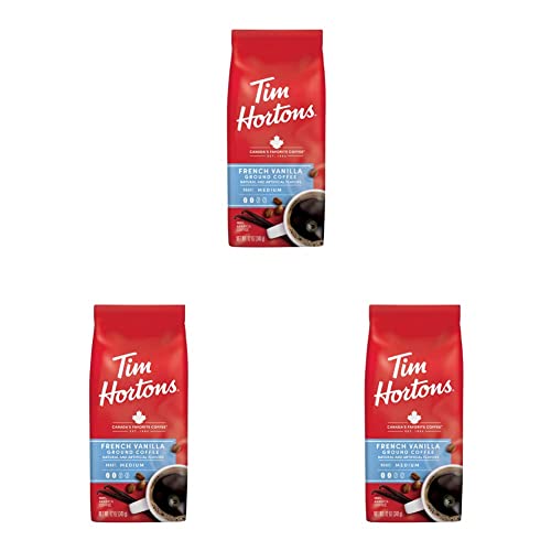 Tim Hortons French Vanilla, Flavored Roast Ground Coffee, Perfectly Balanced, Always Smooth, Made with 100% Arabica Beans, 12 Ounce Bag (Pack of 3) - French Vanilla - 12 Ounce (Pack of 3)