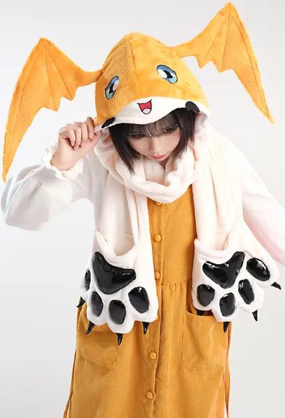 Patamon Derivative Kawaii Hooded Scarf with Paw Gloves Hooded Scarf