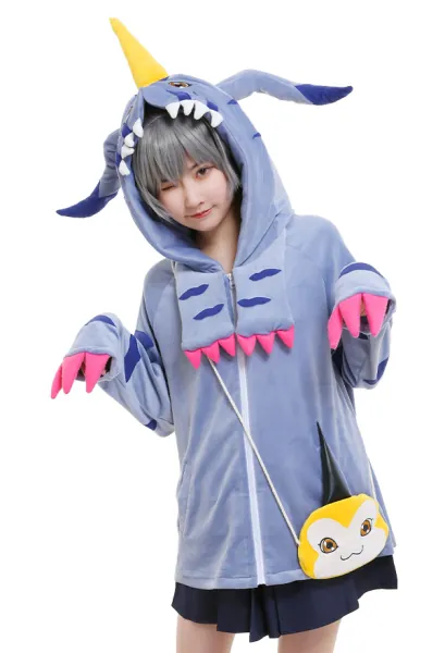 Digimon Adventure Gabumon Derivated Hoodie Cosplay Costume Cute Winged Drawstring Hooded Coat Embroidered Oversized Daily Outfits with Pocket Crossbody Bag