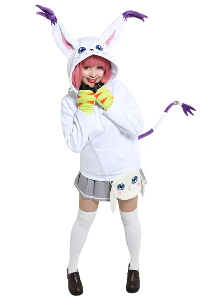 Digimon Adventure Digital Monster Gatomon Tailmon Derivative Hoodie Cosplay Costume Cute Winged Drawstring Hooded Pullover Embroidered Oversized Daily Outfits with Pocket Crossbody Bag and Paw Pattern Gloves