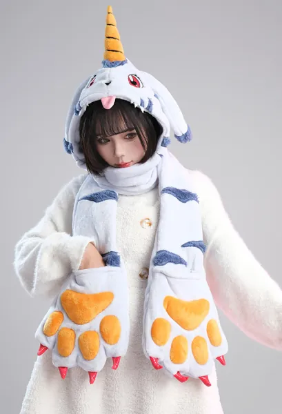 Gabumon Derivative Kawaii Hat Cartoon Plush Animal Winter Ski Hat with Attached Scarf
