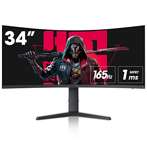 KOORUI 34 Inch Ultrawide Curved Gaming Monitor 165HZ, 1ms, 1000R, WQHD 3440 * 1440, 21:9, DCI-P3 90% Color Gamut, FreeSync G-Sync Compatible, Tilt/Height Adjustable Stand, HDMI, Display Port, Black - QHD/165HZ