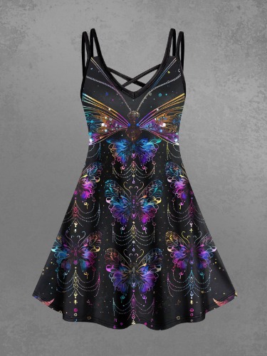 Gothic Plus Size Colorful Ombre Butterfly Moon Stars Print Crisscross A Line Cami Dress | Black / 2X