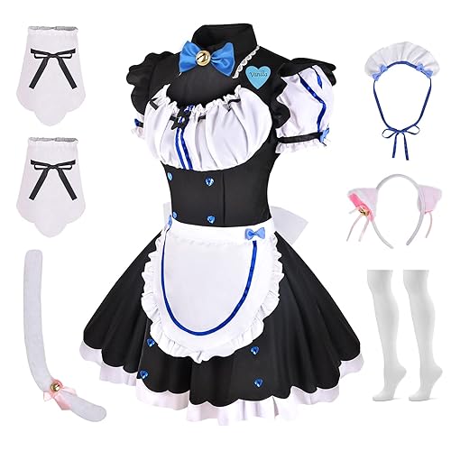 Linglong Anime Nekopara Vanilla Chocola Dress Apron Dress Maid Dress for Women Girl Halloween Costume - Blue - XX-Large