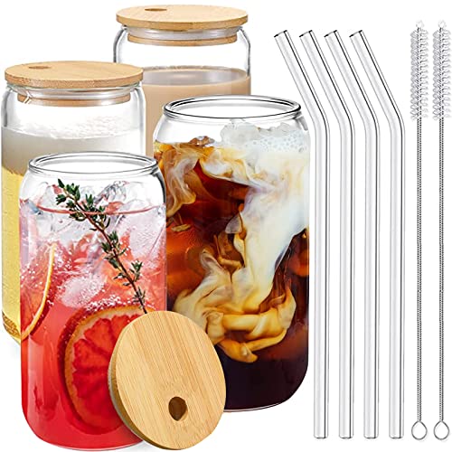 Drinking Glasses with Bamboo Lids and Glass Straw 4pcs Set, 16oz Can Shaped Glass Cups, Beer Glasses, Iced Coffee Glasses, Cute Tumbler Cup, Ideal for Whiskey, Soda, Tea, Water, Gift - 4 pcs