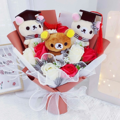 Teddy Plush Bouquets - Red White Roses