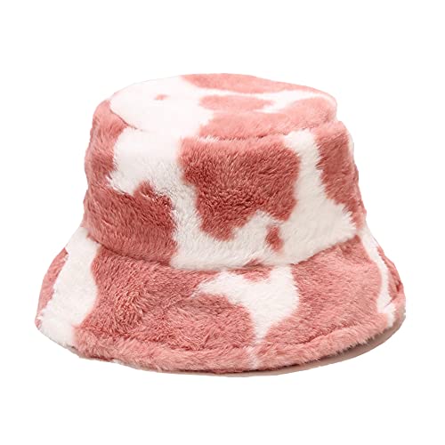 Dirholl Women's Winter Faux Fur Fuzzy Warm Bucket Hat - Cow Pattern Pink