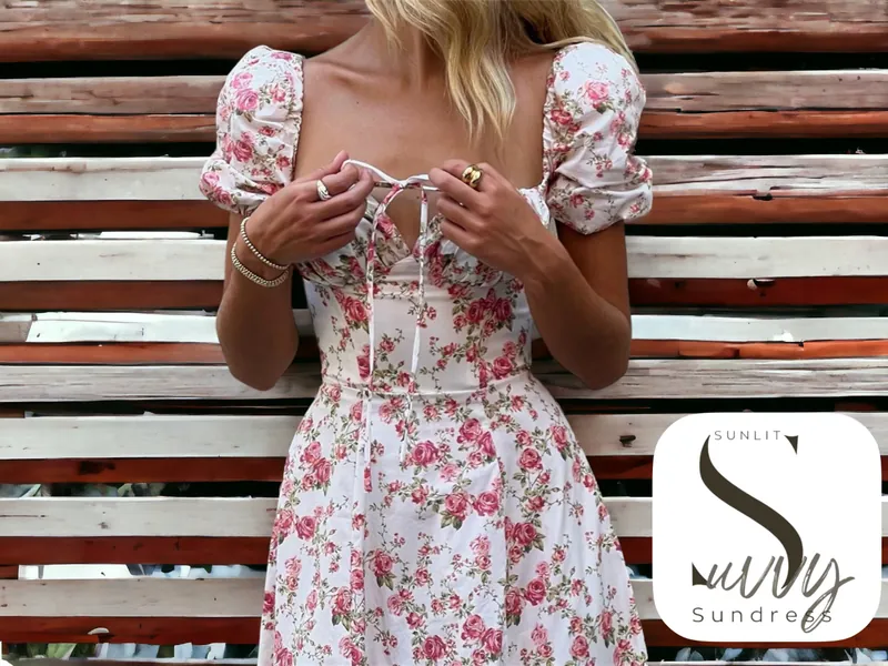 Floral Long Sundress | Puff Sleeve Clothing | Lace-Up Loose Style | Square Collar