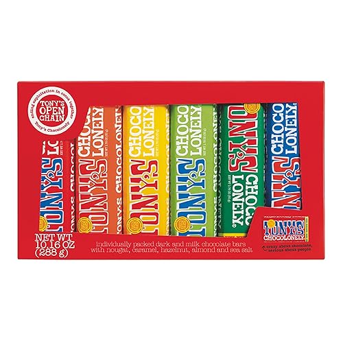 Tony's Chocolonely Chocolate Bar Variety Pack - Milk, Dark, Nougat, Caramel, Hazelnut, Almond & Sea Salt - 6 Individually Packed Bars - 6 Piece Set