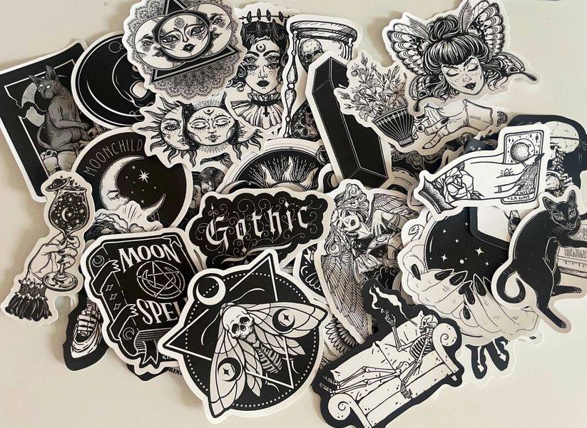 Gothic | skull | moon | potion |witch | white / gothic/ black magic/ spirits / stickers. Vinyl waterproof and reuse-able