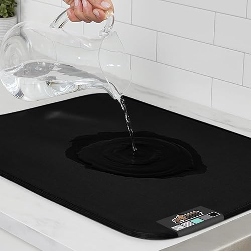 Gorilla Grip Ultra Water Absorbent Microfiber Dish Drying Mat, 18x24, Quick Dry Thick Mesh, Slip Resistant Pad for Sink Dishes or Under Rack, Kitchen Counter Accessories, Machine Wash Mats, Black - 18" x 24" - Microfiber - Black