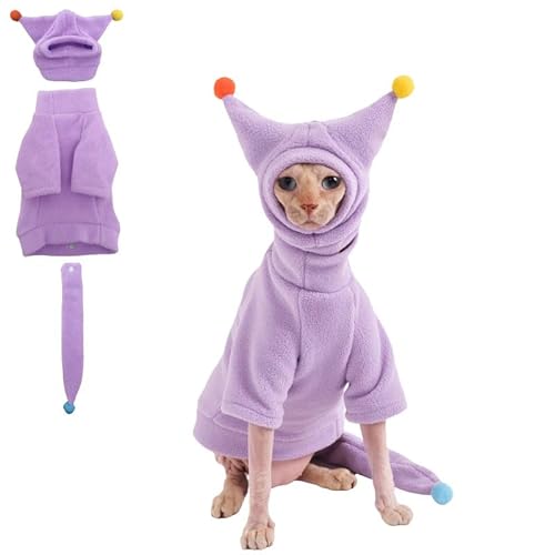 GigglyHouse Sphynx Cat Clothes, Warm Cat Jumpsuit with Hat and Tail Cover, Full Set for Hairless Cats, Cornish Rex and Devon Rex (Purple, M(4.5-5.5lbs)) - M(4.5-5.5lbs) - Purple