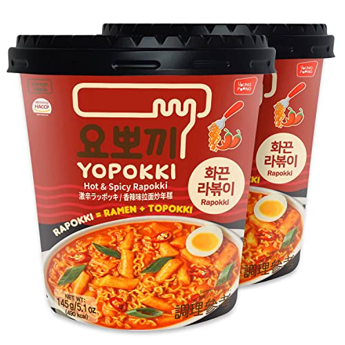 Yopokki Instant Rabokki Cup (Hot Spicy, Cup of 2) Korean Street food with Hot spicy sauce Ramen Noodle Topokki Rice Cake - Quick & Easy to Prepare - Hot Spicy Cup