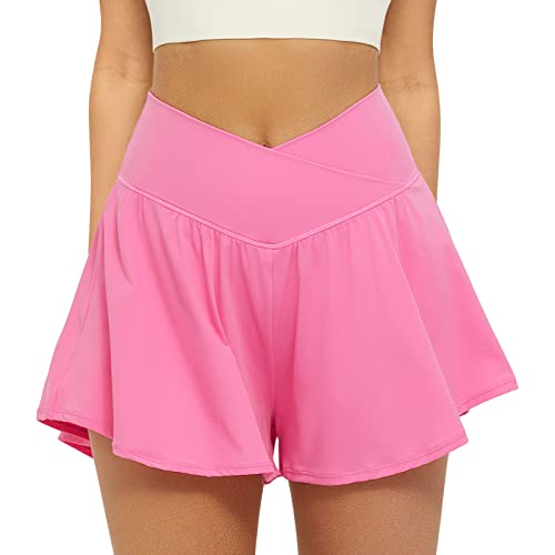 FireSwan Crossover Athletic Shorts for Women 2 in 1 Flowy Running Shorts with Pockets Spandex Butterfly Workout Tennis Skorts - XX-Large - Pink