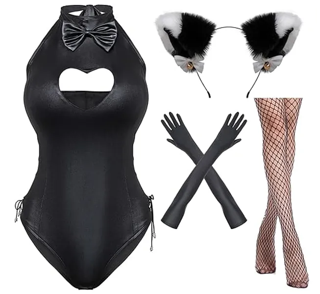 Yuriko Womens Bunny Costume Girl Suit Button Crotch Romper Onesie Bodysuit Cosplay Costume Furry Cat Ear Gloves Socks set(Black M) - Medium - Black
