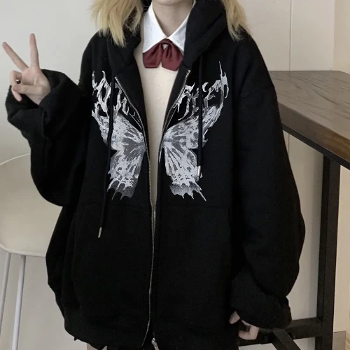 Darkness Butterfly Print Pocket Hooded Sweatshirt