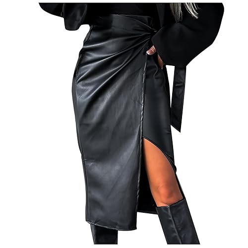 Women's Faux Leather Pencil Skirts High Waist Pu Zipper Skirts Sexy Tummy Control Wrap Hip Bodycon Split Midi Skirts - Black - X-Large
