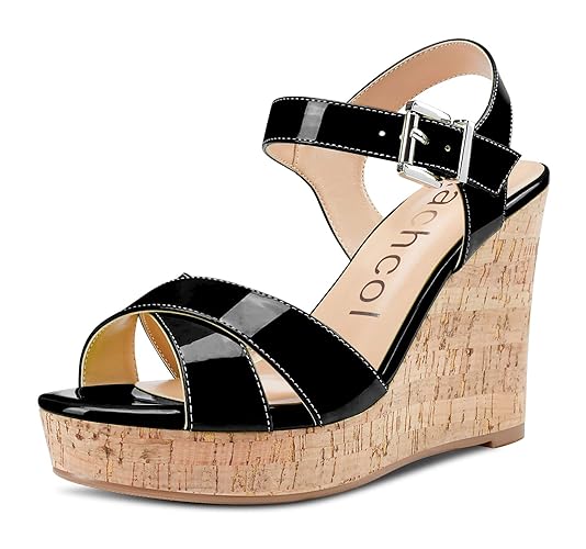 Aachcol Women Cork Wedge Sandals Slingback Ankle Strap Platform Open Toe High Heel Chunky Block Dress Shoes 4 Inch - 11 - Black Patent
