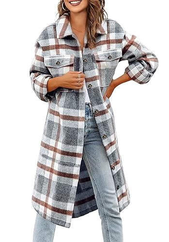 Women's Flannel Plaid Shirt Casual Lapel Button Down Long Winter Jacket Shacket - Small - Grey Plaid