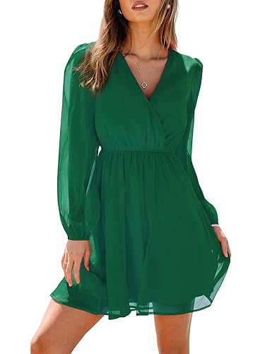 CUPSHE Casual Dress for Women V Neck Floral Chiffon A Line Mini Dress Long Peasant Sleeves Elastic Autumn Dress - Hunter Green - X-Large