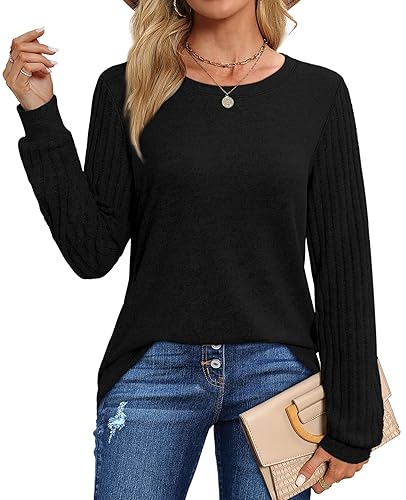 Jescakoo Long Sleeve Shirt Women Fall Tunic Tops Crewneck Business Casual Clothes Trendy S-XXL - Black - X-Large