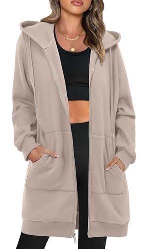 KISSMODA Women's Casual Long Hoodie Jacket Fall Sweaters Tops Zip Up Sweatshirts Winter Clothes (S-3XL) - Apricot - X-Large