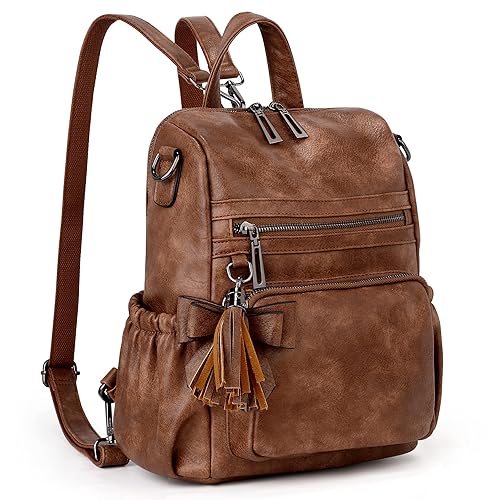 UTO Women Backpack Purse PU Washed Leather Convertible Ladies Rucksack Tassel Zipper Pocket Crossbody Shoulder Bag CA - 1173 Small Brown