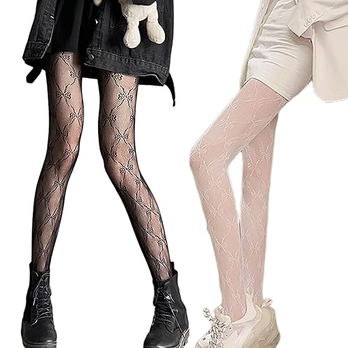 Verdancy 2Pcs Women’s Ultra Stretchable Pantyhose Hollow Floral Patterned Lace Stockings Fishnet Tights Plus Size - One Size - 2pcs Black & White Butterfly