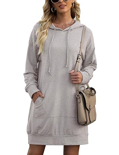 Quenteen Women Hoodies Dress Hooded Sweatshirts Dress Casual Long Sleeve Tunic Dress Oversized Sweatshirts with Pocket - S-grey - X-Large