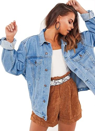 Justalwart Oversized Denim Jacket for Women Long Sleeve Classic Loose Jean Trucker Jacket - Medium - Light Blue