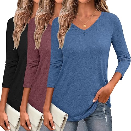 Zeagoo 3 Pack Women Shirts 3/4 Sleeve Casual Loose Fit V Neck Basic Tee Tops Summer Fall Outfit Clothes 2025 - Gp3 - X-Large